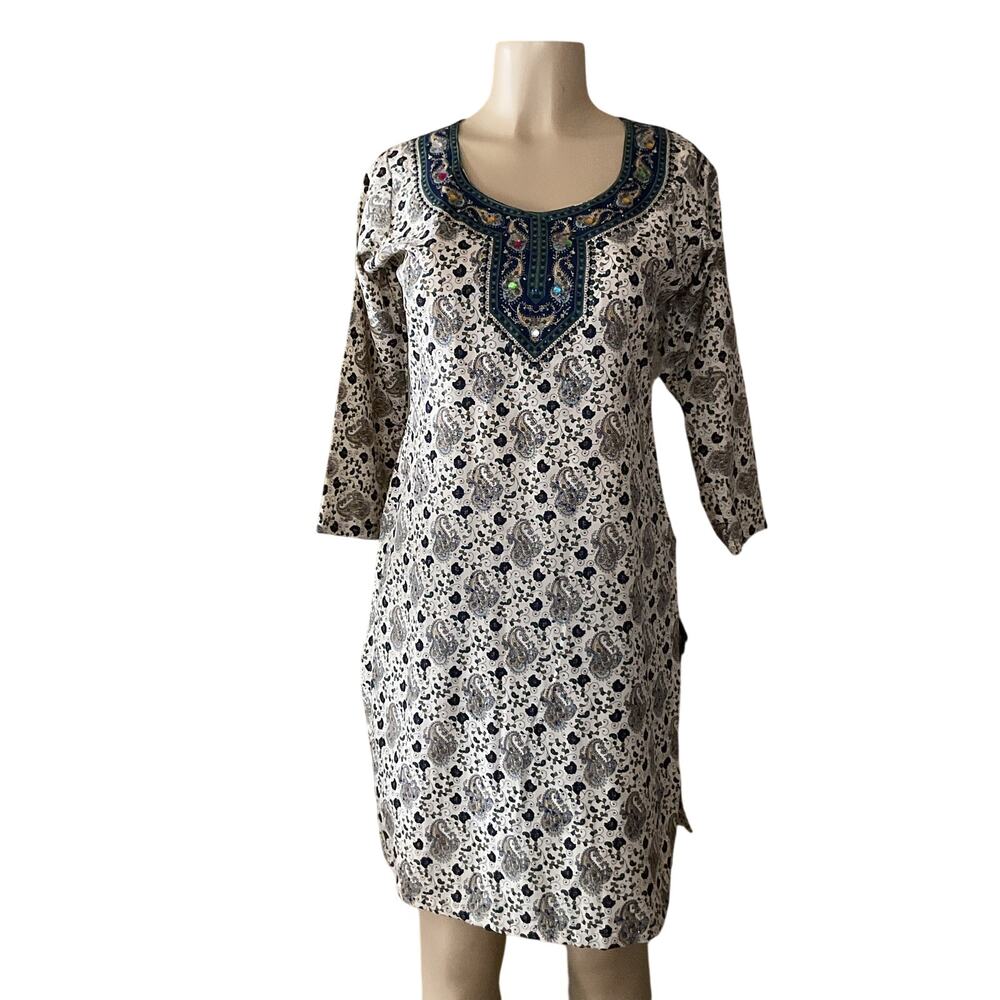 Boho Paisley Embellished Tunic Dress White Blue 3/4 Sleeve Rhinestone  Women’s M